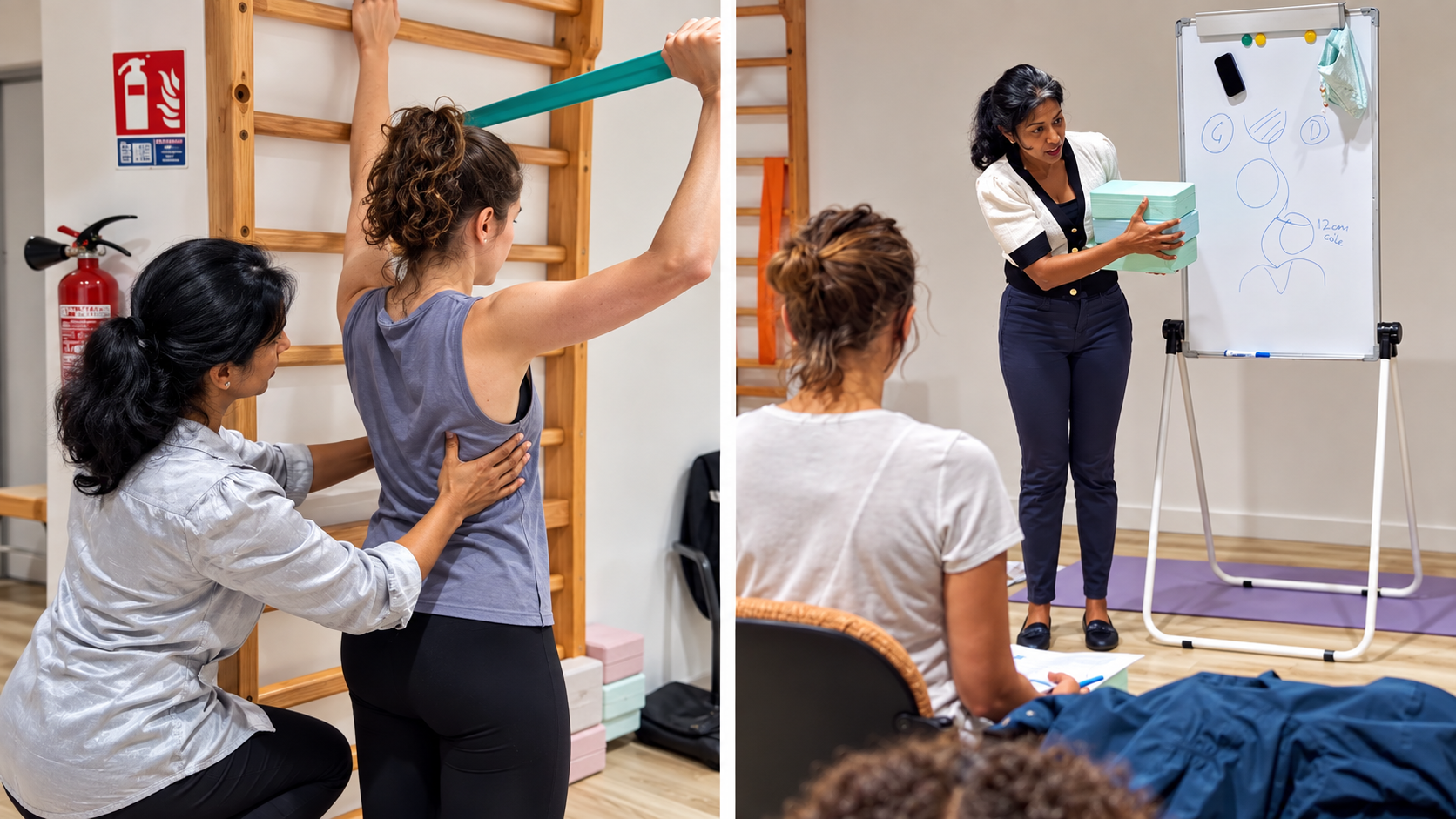 Une professionnelle accompagne une patiente pendant un exercice de posture, dans un espace de formation Schroth